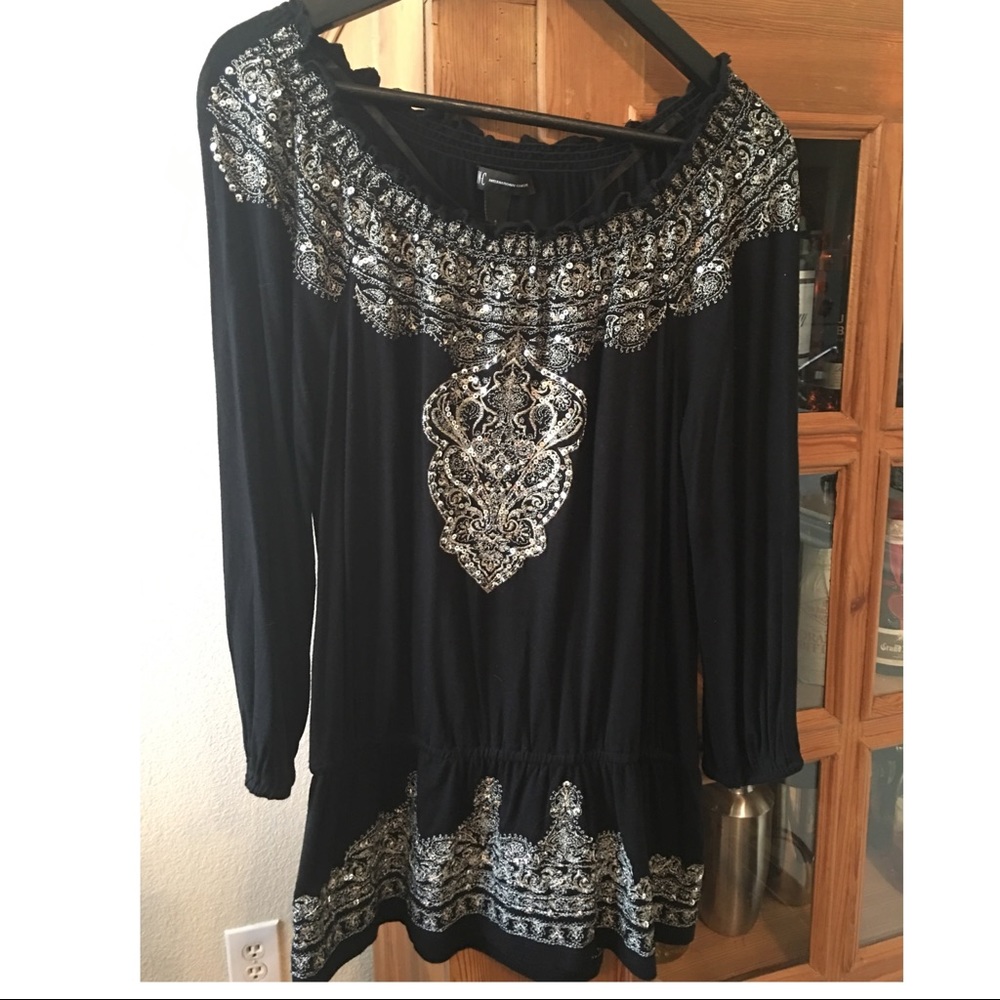 Black Peasant Top with Silver Sequin Embellishment